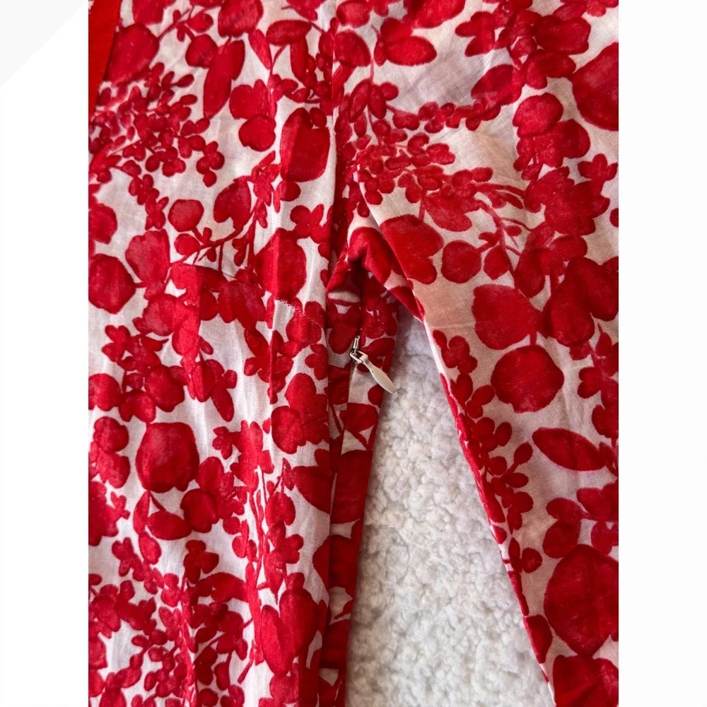 Tory Burch Red White Floral Cotton Tunic Top Split‎ Neck Embroidered Size 2